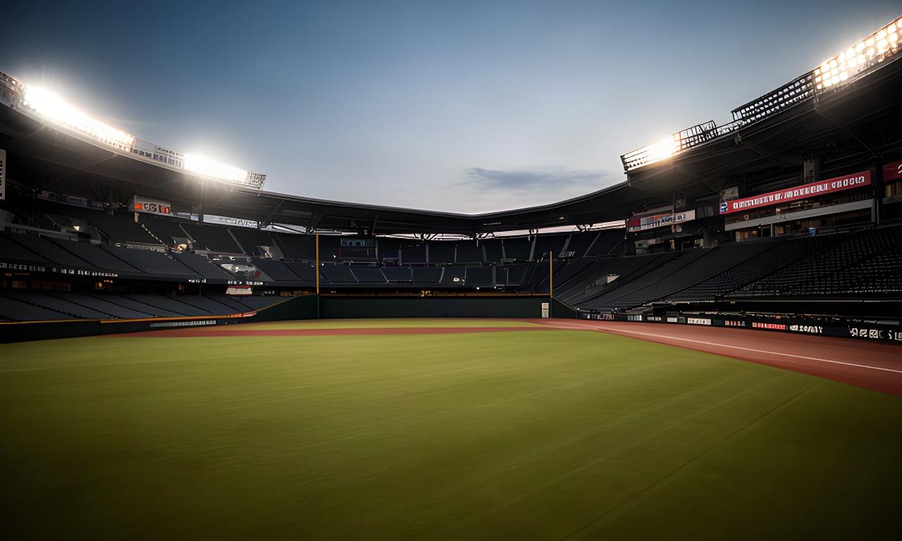 夕暮れの野球場で照明が灯り始めた広いグラウンド