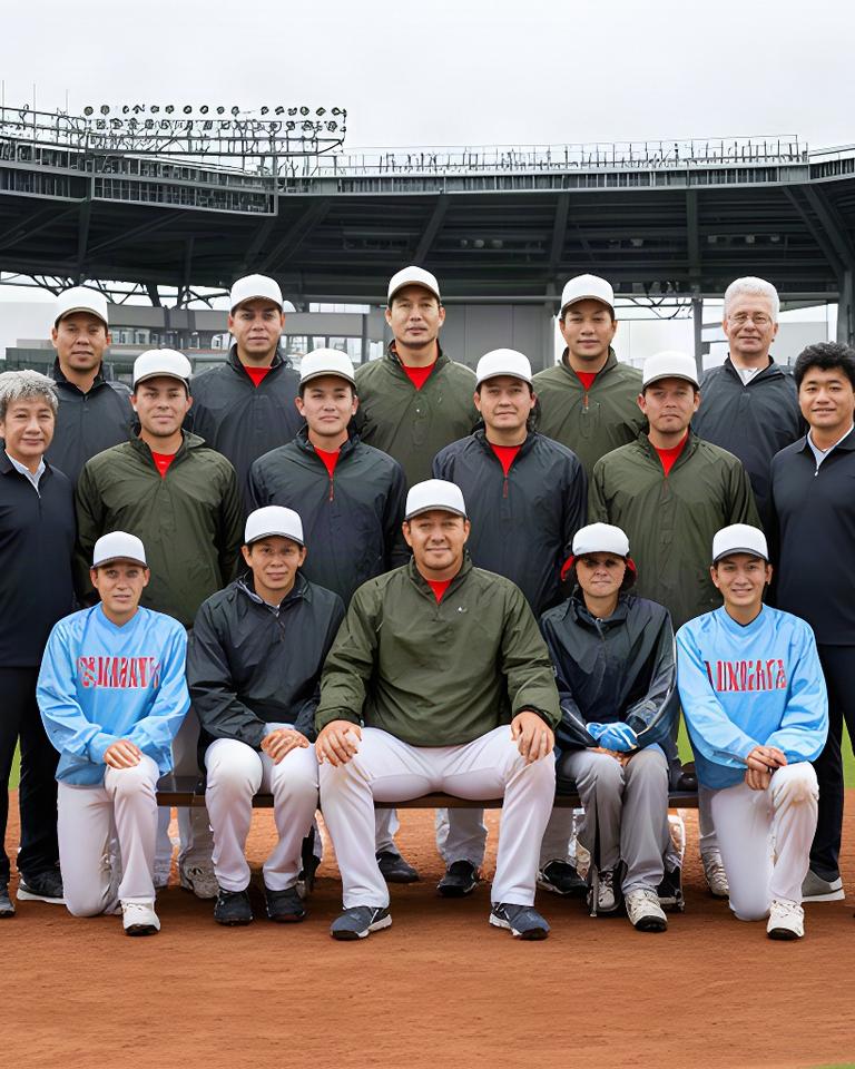 新潟の野球場で並ぶAAA 三条ヒット Co., Ltd.の選手とスタッフ